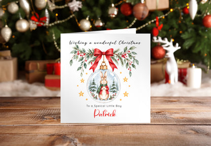 Personalised Christmas card for Boys – Red Bunny in a Christmas Bauble