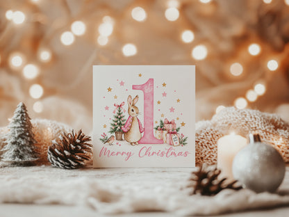 1st Christmas Card for Baby Girls – Cute Pink Rabbit and Number 1