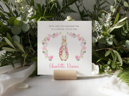 Personalised Christening Card for Girl – Custom Baptism Card with Message, Name & Date - Floral Wreath Bunny Design – Baptism Card for Girls, Daughter, Granddaughter, Niece with Pink Envelope