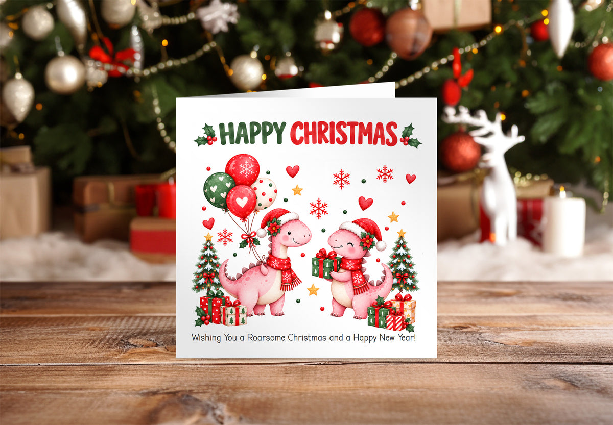 Christmas Card for Girls – Festive Dinosaurs