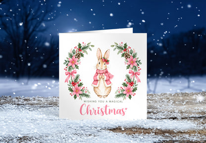 Merry Christmas Card for Girls – Pink Festive Bunny and Xmas Wreath