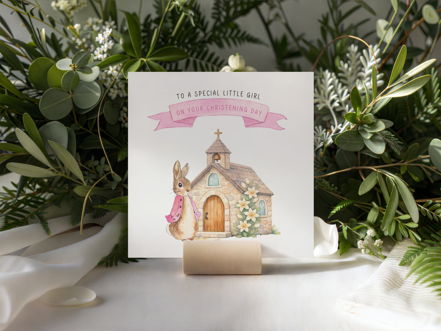 Christening Day/ Baptism Card for Girl – Cute Bunny & Church Design – To a Special Little Girl Baptism Card Christening Card for Girls, Daughter, Granddaughter, Niece with Pink Envelope