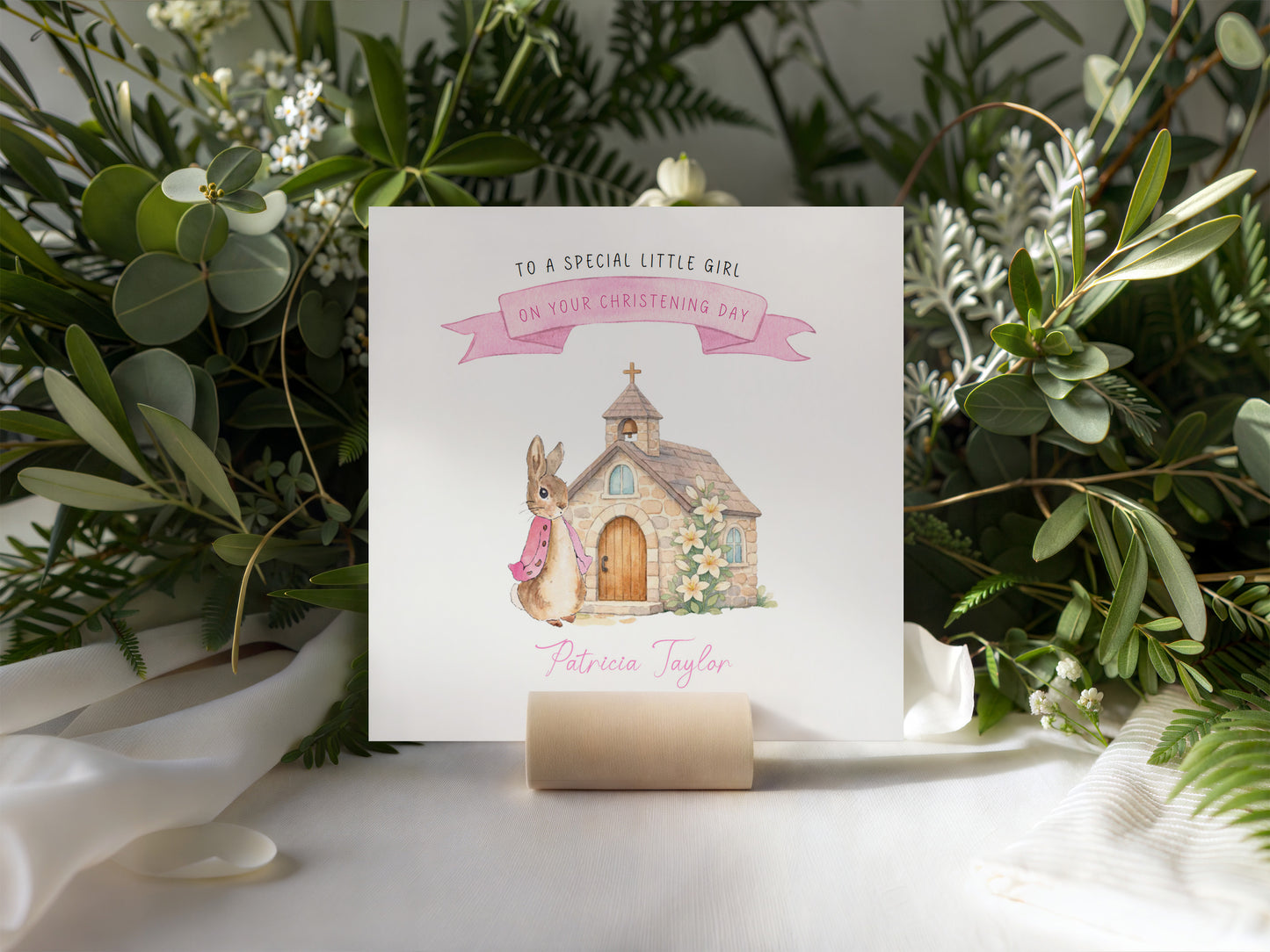 Personalised Christening Card for Girl – Custom Baptism Card with Message, Name & Date - Cute Bunny & Church Design – Baptism Card for Girls, Daughter, Granddaughter, Niece with Pink Envelope