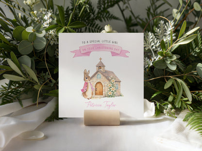 Personalised Christening Card for Girl – Custom Baptism Card with Message, Name & Date - Cute Bunny & Church Design – Baptism Card for Girls, Daughter, Granddaughter, Niece with Pink Envelope
