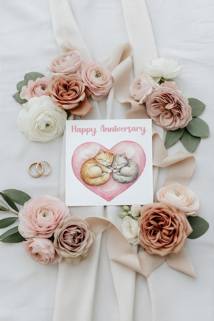 Cute Cats Anniversary Card - Romantic Love Card for  Wedding, Dating, Relationship Milestones1st, 2nd,10th - For Cat Lovers, Him, Her, Wife, Husband, Partner, Couples - Pink Envelope Inclided