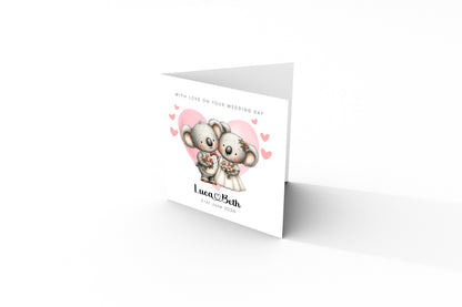 Personalised Wedding Card –with Custom Couple's Names & Wedding Date – Cute Koala Design - Wedding Congratulations Card for Newlywed couples, Animal Lovers, Him or Her - Pink Envelope Included