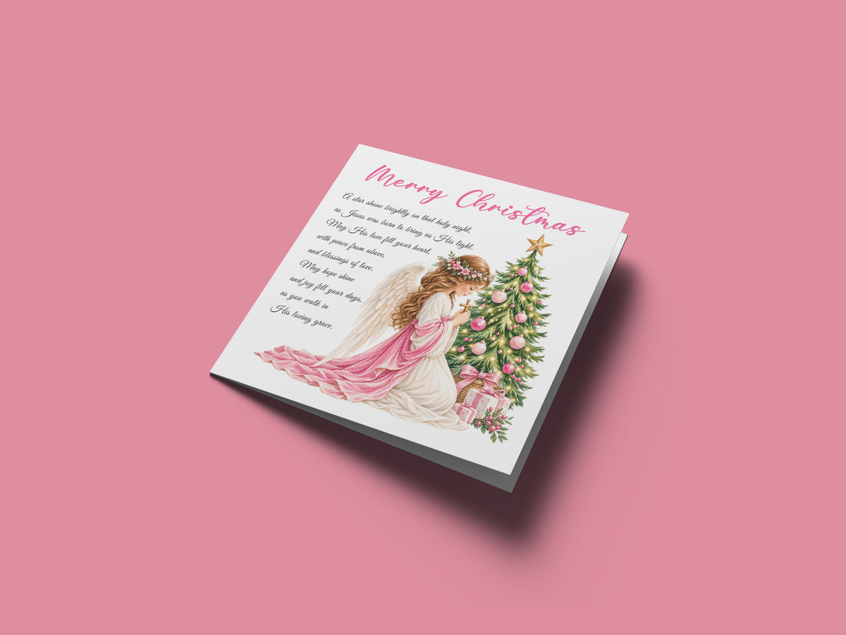 Angel & Christmas Tree Christian Christmas Card – Pink Watercolour Design
