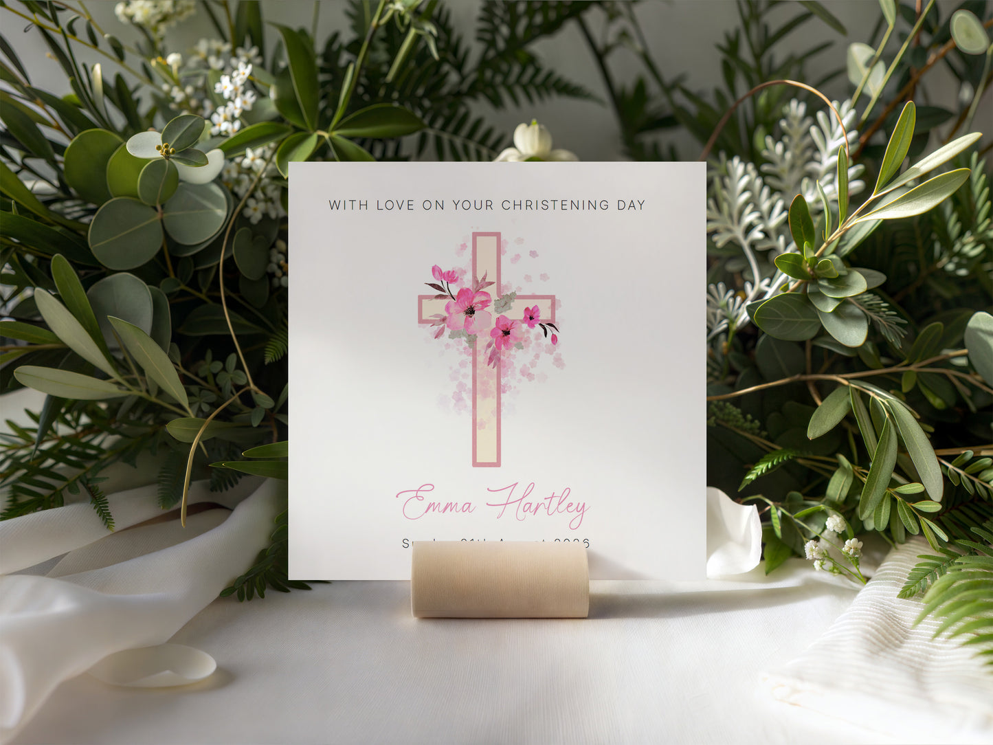 Personalised Christening Card for Girl – Custom Baptism Card with Name & Date - Floral Cross Design – Religious Baptism Card for Girls, Daughter, Granddaughter, Niece - Pink Envelope Included