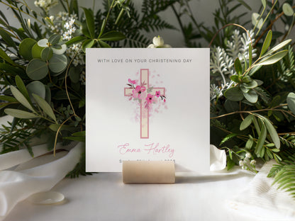Personalised Christening Card for Girl – Custom Baptism Card with Name & Date - Floral Cross Design – Religious Baptism Card for Girls, Daughter, Granddaughter, Niece - Pink Envelope Included