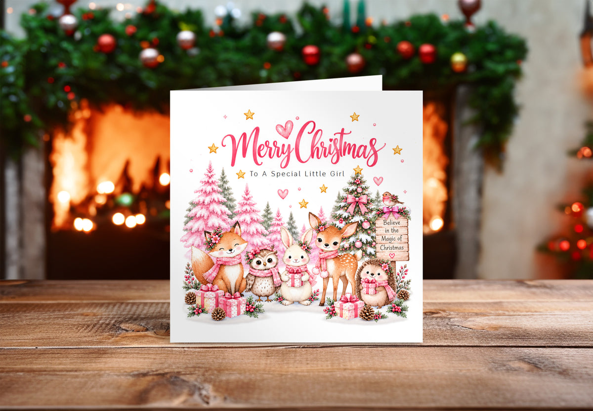 Pink Forest Christmas Card for Girls – Cute Christmas Woodland Animals