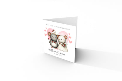 Personalised Wedding Card with Custom Couple's Names & Wedding Date – Cute Mouse Design - Wedding Congratulations Card for Newlywed couples, Animal Lovers, Him or Her - Pink Envelope Included