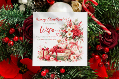 Christmas Card for Wife – Romantic Red Roses & Festive Floral Design