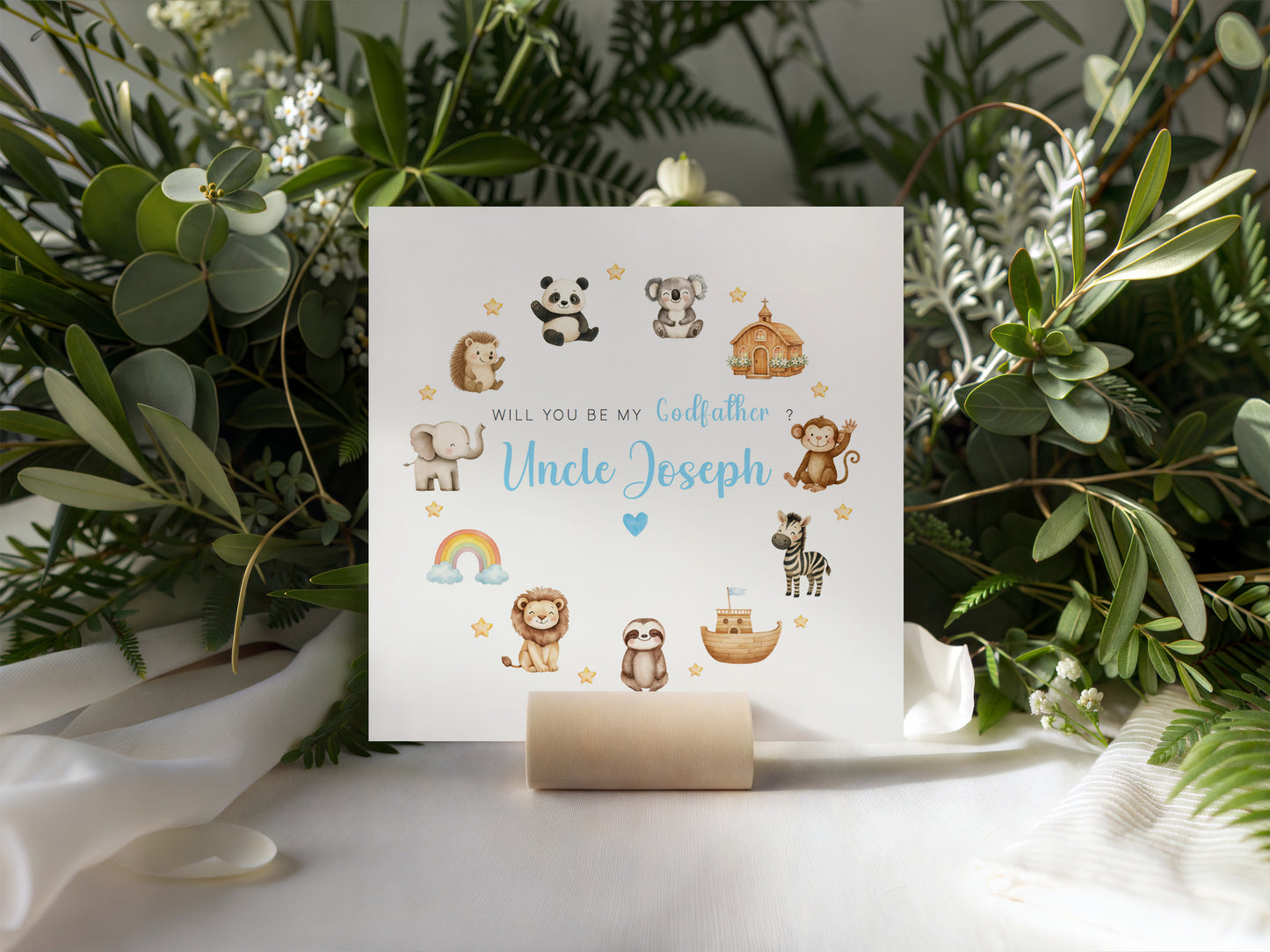 Personalised Godfather Proposal Card -  Will You Be My Godfather Card - Cute Animals Godfather Ask Card - Personalised Baptism Christening Day Proposal Card - Blue Envelope Included