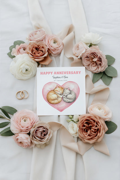 Personalised Cute Cats Anniversary Card - Custom Couple Names & Date for Wedding, 1st, 2nd,10th, 20th - For Cat Lovers, Him, Her, Wife, Husband - Pink Envelope Included