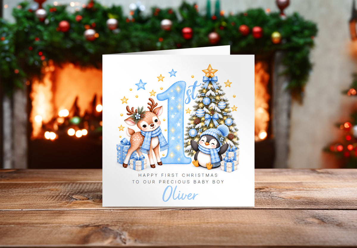 Personalised Baby Boy's 1st Christmas Card – Reindeer & Penguin
