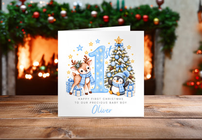 Personalised Baby Boy's 1st Christmas Card – Reindeer & Penguin