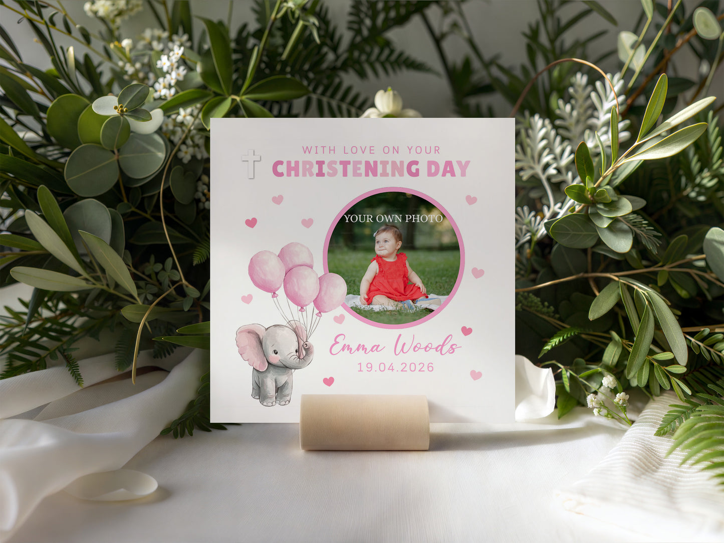 Personalised Photo Christening Card for Girl – Custom Baptism Card with Image, Name & Date - Pink Elepahnt Design – Religious Baptism Card for Girls, Daughter, Granddaughter, Niece with Pink Envelope