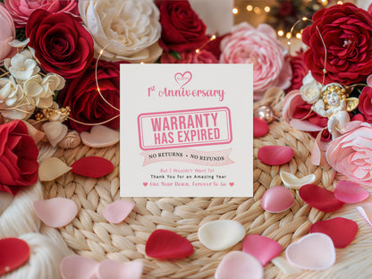 Funny 1st Anniversary Card- Warranty Has Expired - First Wedding Anniversary Card – No Returns No Refunds Joke Card for Wife, Husband, Her, Him, Relationship Milestones - Pink Envelope Included