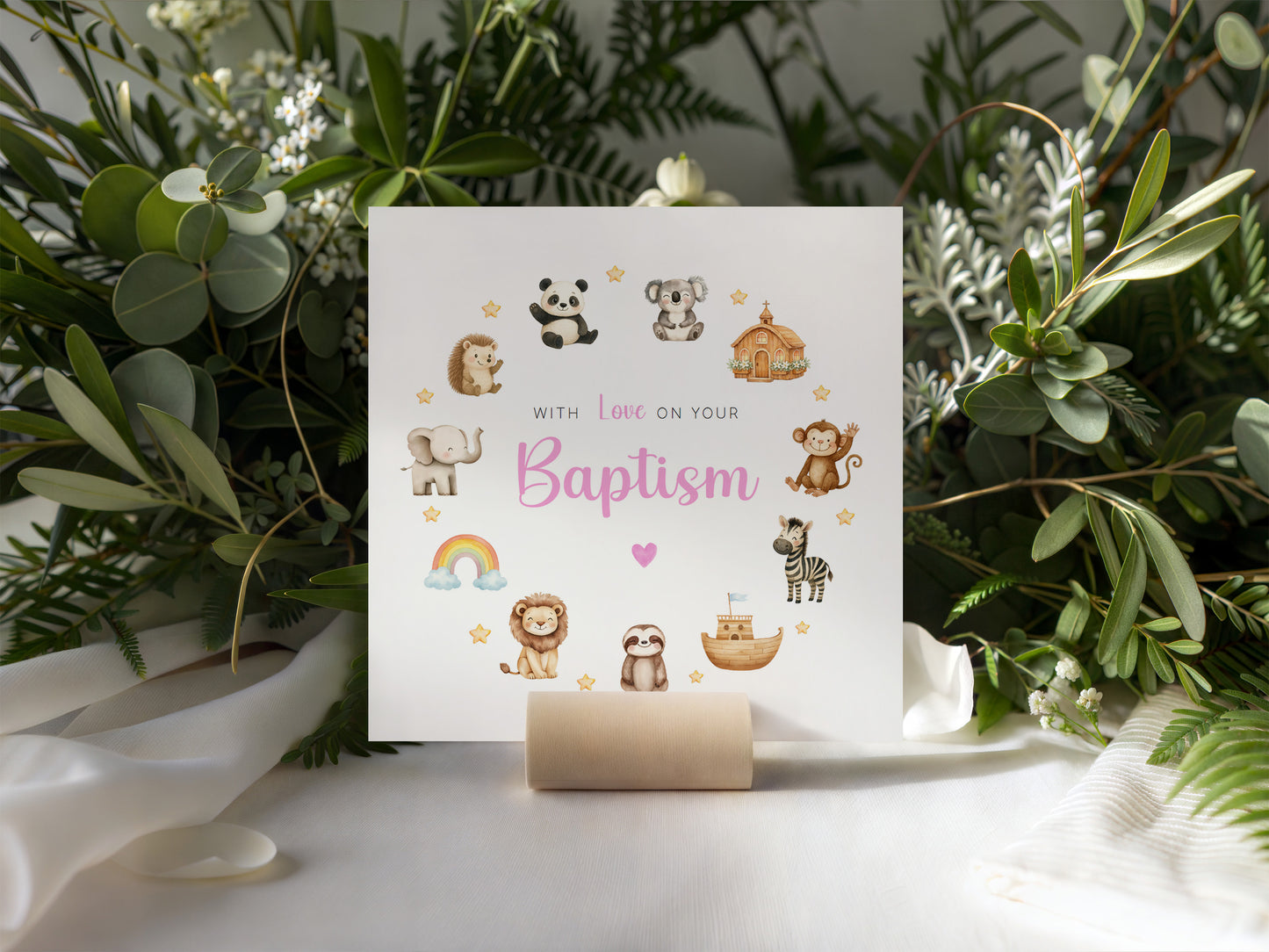 Christening Day/ Baptism Card for Girl – Cute Animals Design – With Love On Your Baptism - Religious Christening Card for Girls, Daughter, Granddaughter, Niece with Pink Envelope