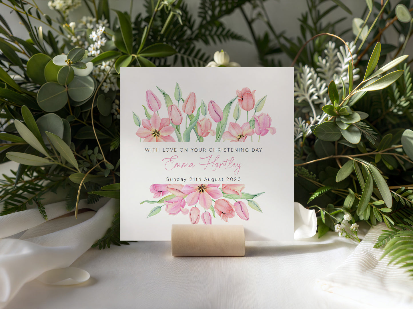 Personalised Christening Card for Girl – Custom Baptism Card with Name & Date - Pink Floral Design – Religious Baptism Card for Girls, Daughter, Granddaughter, Niece - Pink Envelope Included