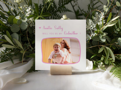 Personalised Photo Godmother Proposal Card -  Will You Be My Godmother Card with Custom Name and Photo - Elegant Personalised Baptism Christening Day Proposal Card - Pink Envelope Included