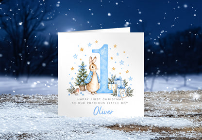 Personalised Christmas Card for Baby Boys – Cute Blue Rabbit and Number 1