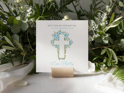 Personalised Christening Card for Boy – Custom Baptism Card with Message, Name & Date - Roses & Cross Design – Religious Baptism Card for Boys, Son, Grandson, Nephew with Blue Envelope