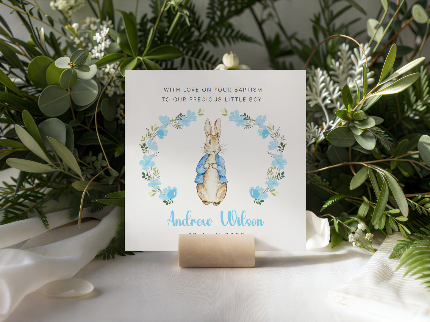 Personalised Christening Card for Boy – Custom Baptism Card with Message, Name & Date -  Blue Bunny Floral Wreath Design – Baptism Card for Boys, Son, Grandson, Nephew with Blue Envelope