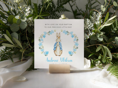 Personalised Christening Card for Boy – Custom Baptism Card with Message, Name & Date -  Blue Bunny Floral Wreath Design – Baptism Card for Boys, Son, Grandson, Nephew with Blue Envelope