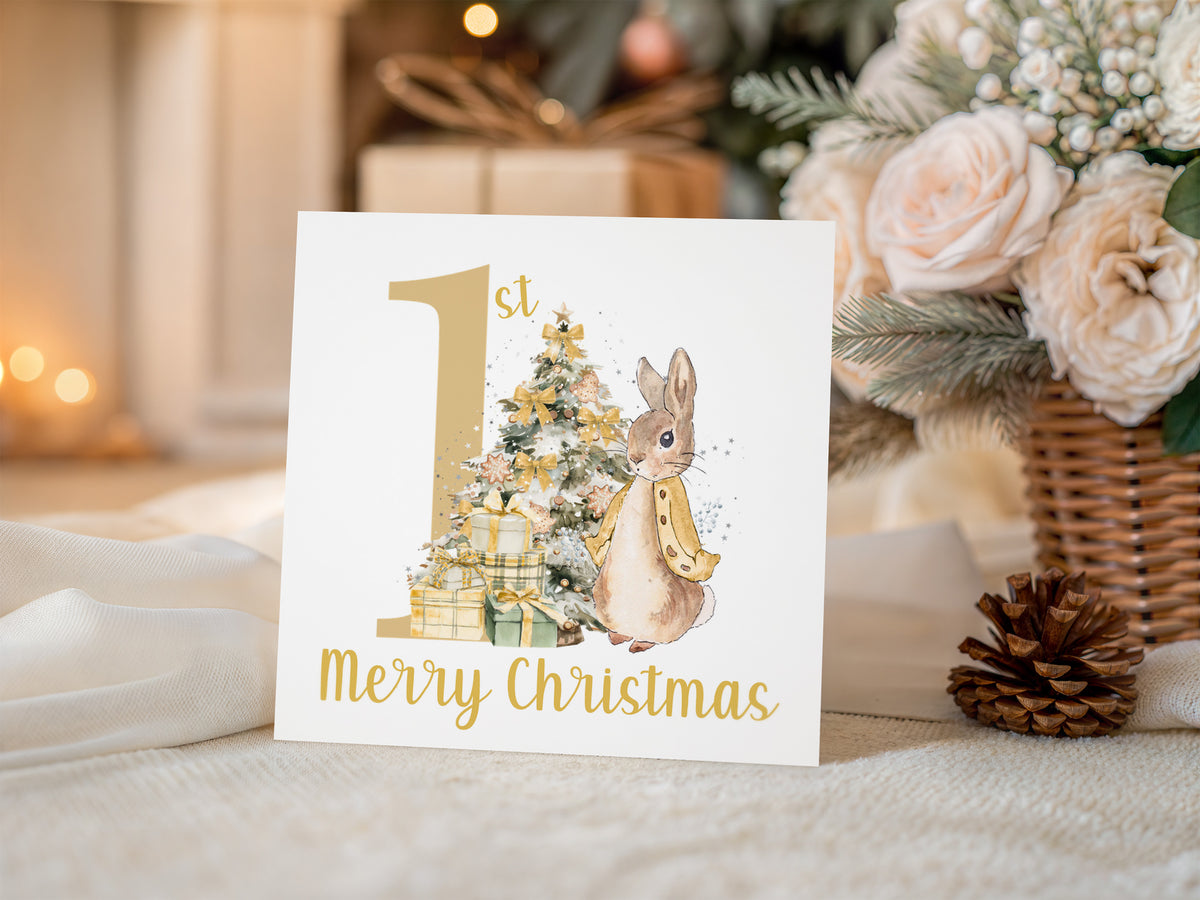 Happy 1st Christmas Card for Baby Boy or Baby Girl – Golden Rabbit and Christmas Trees