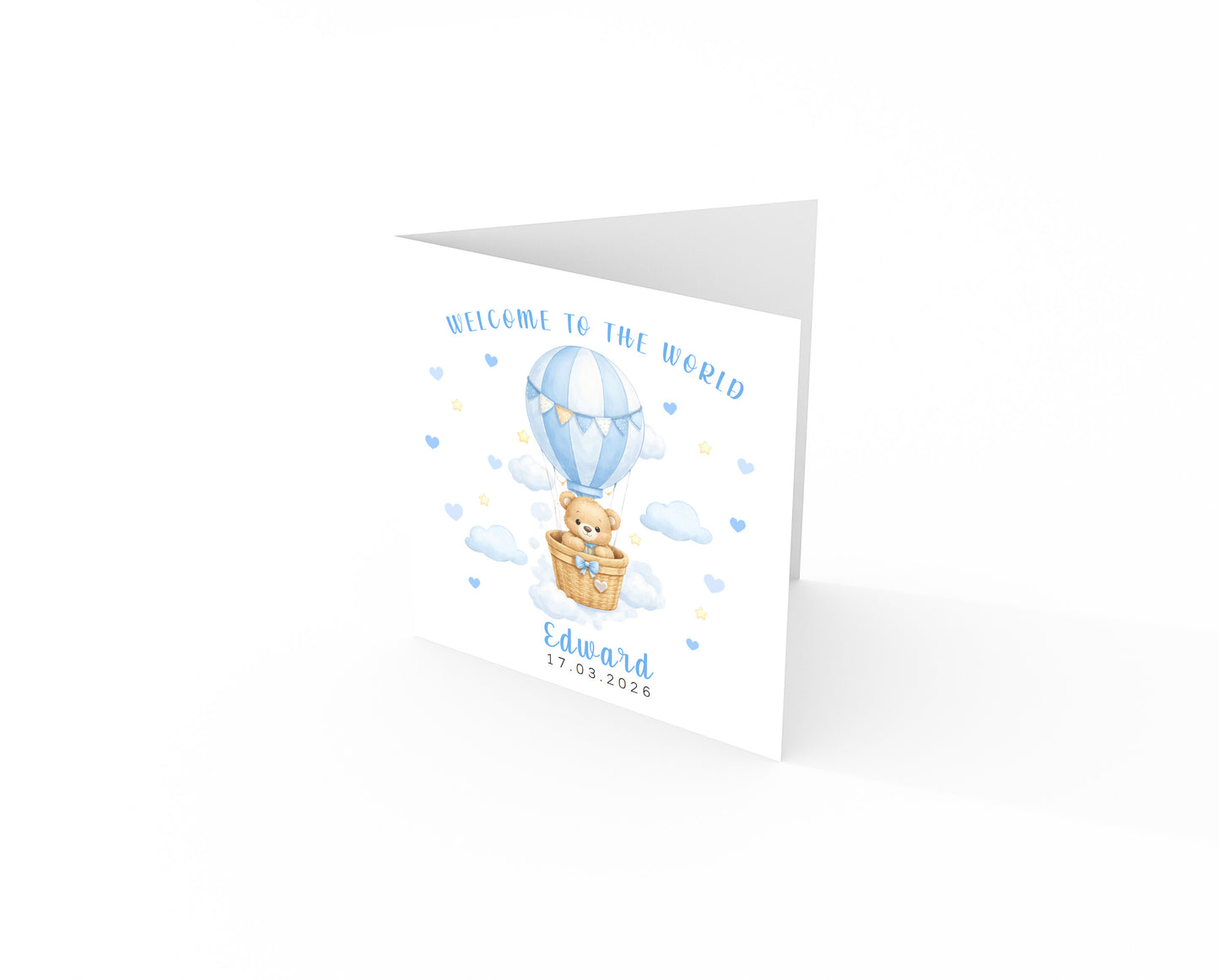 Personalised New Baby Boy Card Congratulations for Newborn Son, Grandson, Nephew, Welcome To The World Card - Teddy Bear with Hot Air Balloon Design with Custom Name and Date - Blue Envelope Included