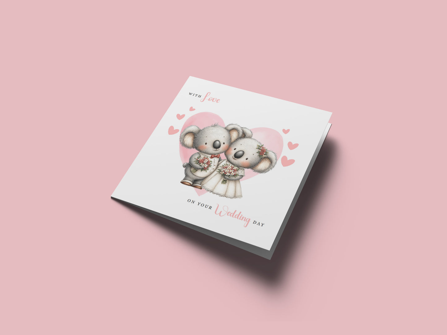 Cute Koala Wedding Card – Wedding Congratulations Card – Adorable Animal Wedding Card – Romantic Wedding Day Card for Newlywed couples, Animal Lovers, Him or Her – Pink Envelope Included