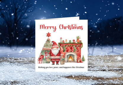 Cute Santa Christmas Greeting Card – Watercolour Festive Fireplace Design