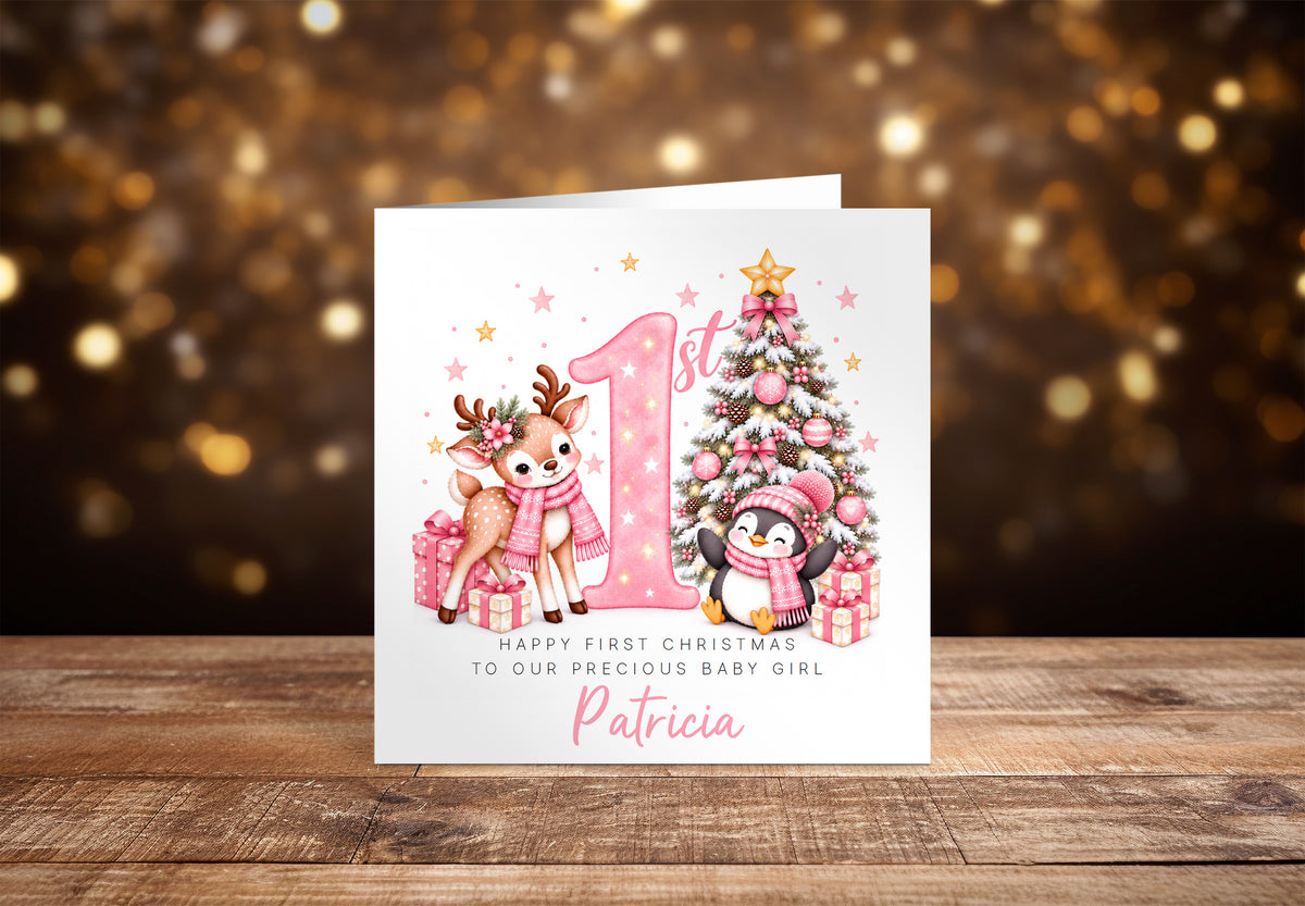 Personalised Baby Girl's 1st Christmas Card – Reindeer & Penguin Christmas Card