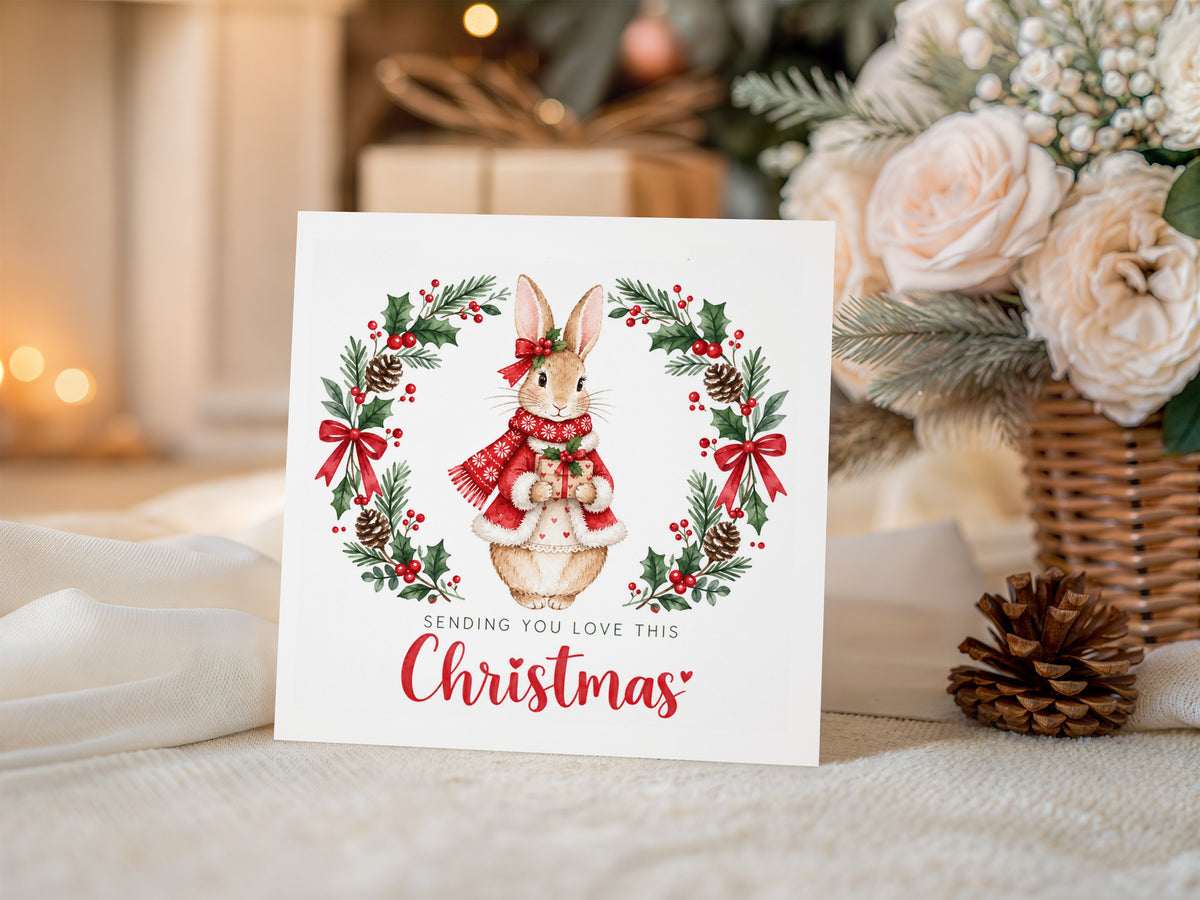 Merry Christmas Card for Girls – Festive Bunny and Xmas Wreath