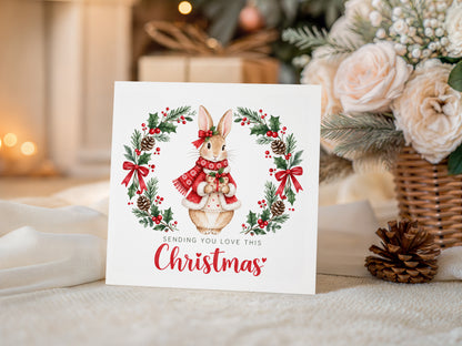 Merry Christmas Card for Girls – Festive Bunny and Xmas Wreath