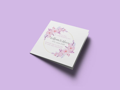 Personalised Floral Wedding Card with Custom Couple's Names & Wedding Date –  Romantic Flower Wreath Design - Wedding Congratulations Card for Newlywed couple, Him or Her - Purple Envelope Included