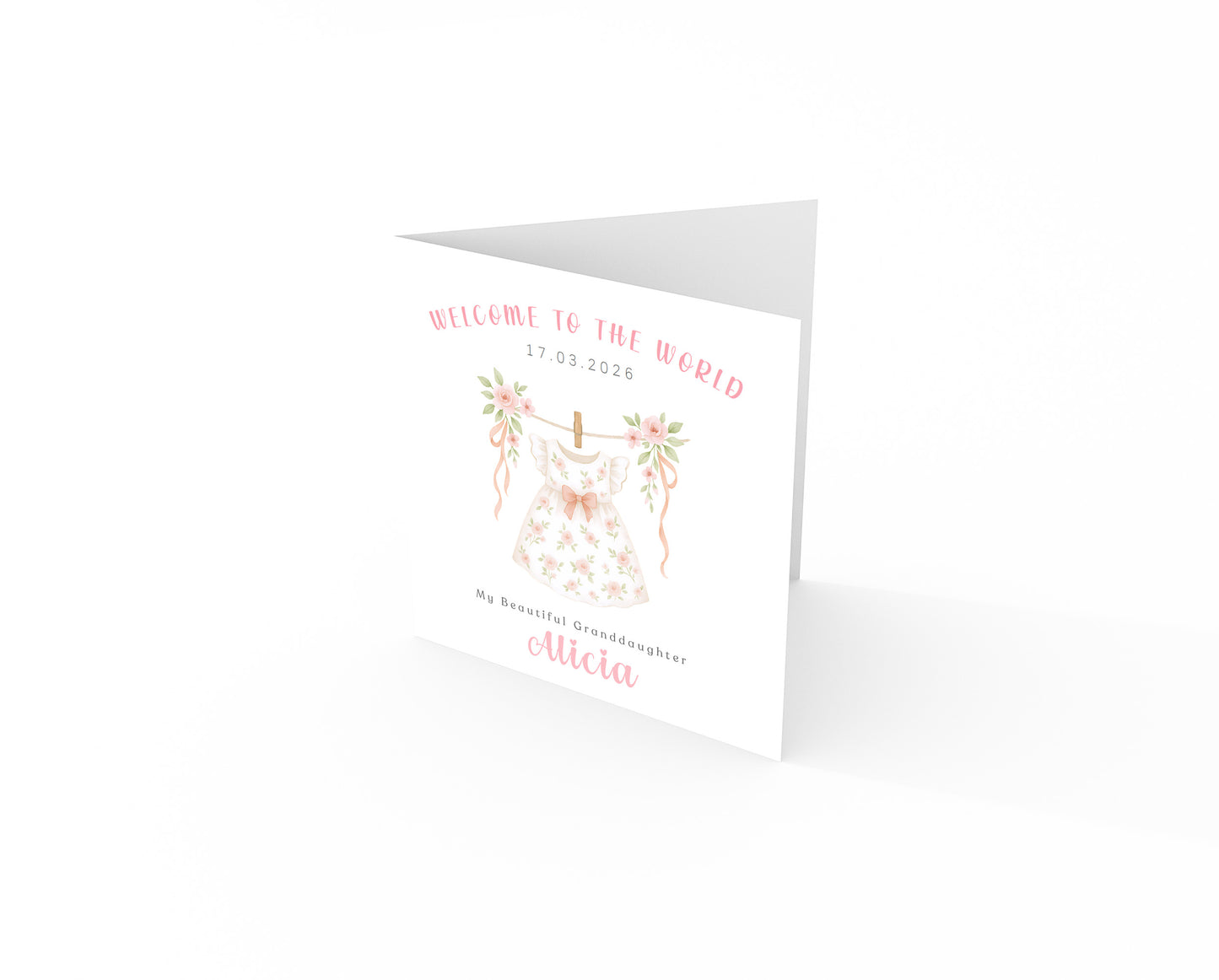 Personalised New Baby Girl Card Congratulations for Newborn Daughter, Granddaughter, Niece - Welcome To The World Card with Floral Dress Design - Custom Date, Message & Name with Pink Envelope