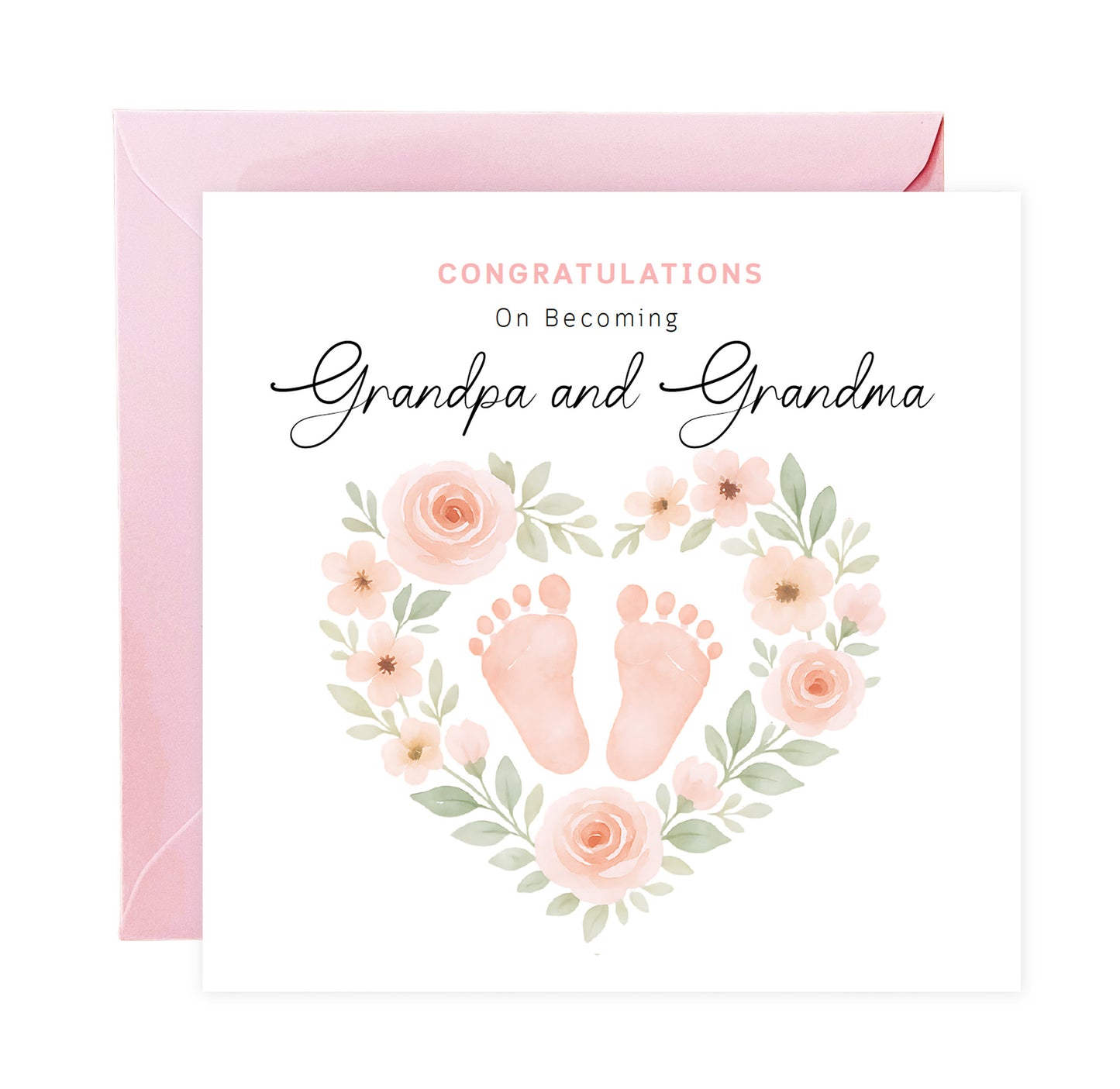 Personalised New Baby Girl Card – Congratulations On Becoming Mum & Dad, Auntie & Uncle, Grandpa & Grandma – Floral Baby Feet design - Pink Envelope Included