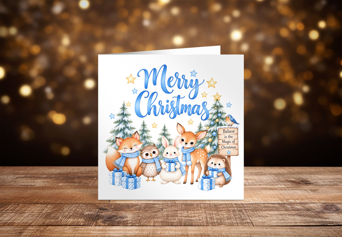 Blue Forest Christmas Card for Boys – Cute Christmas Woodland Animals