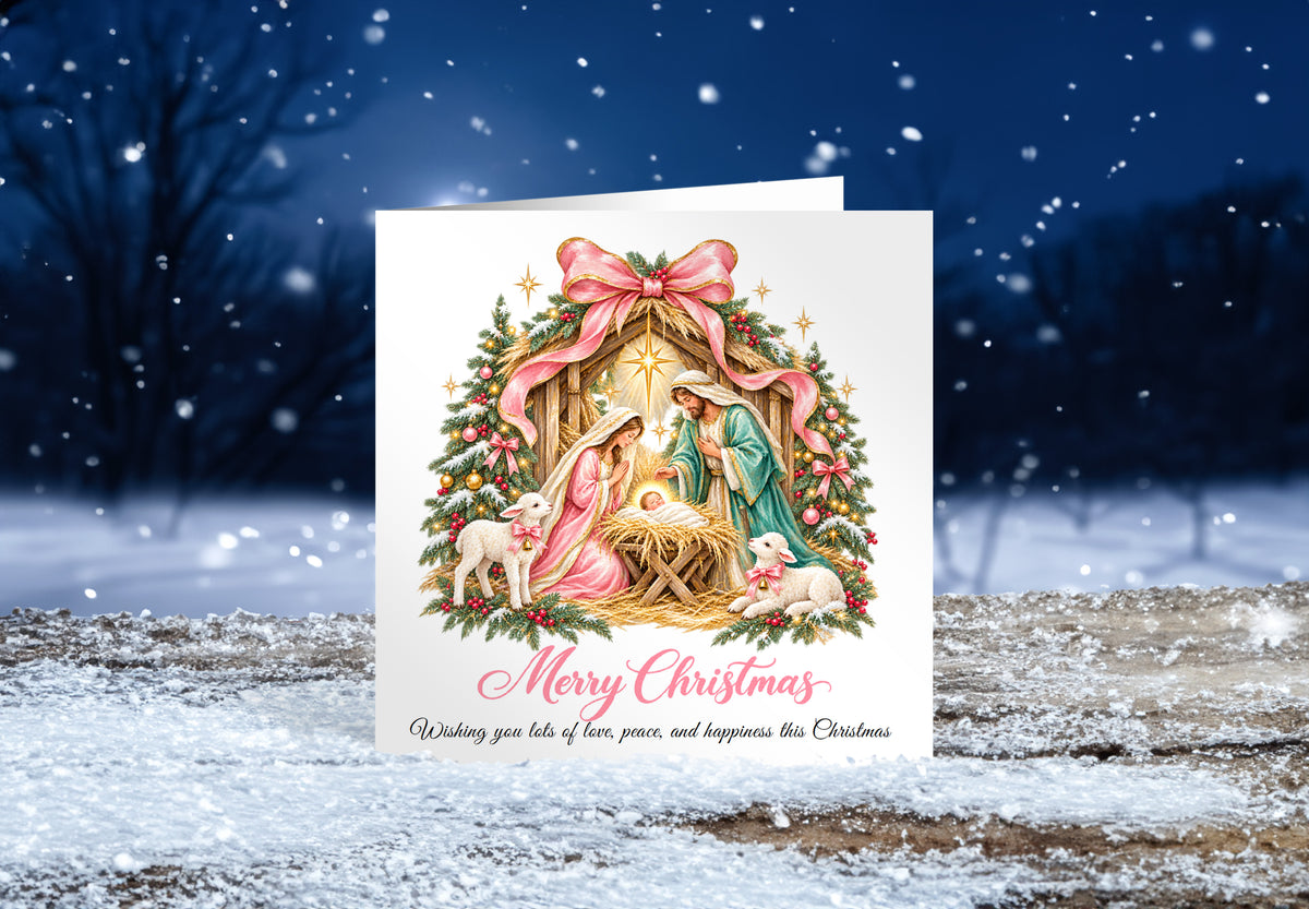 Pink Bow Nativity Christmas Card – Christian Greeting Card