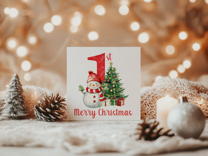 Happy Baby Boy or Baby Girl's First Christmas Card – Snowman and Xmas Tree