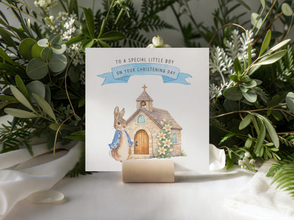 Christening Day Card for Boy – Cute Bunny & Church Design – To A Special Little Boy Baptism Christening Card for Boys, Son, Grandson, Nephew with Blue Envelope