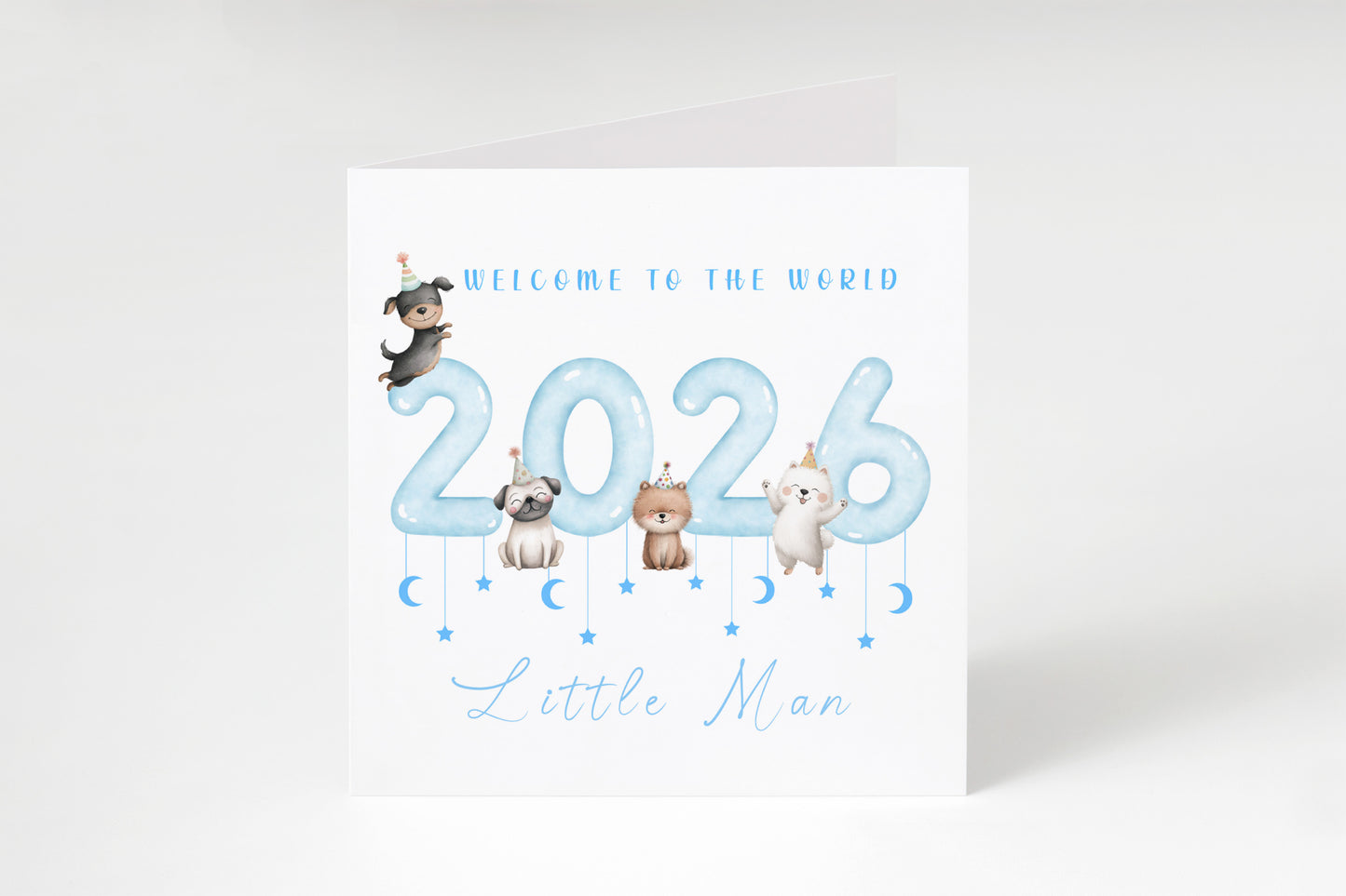 New Baby Boy Card Congratulations for Newborn Boy, Welcome To The World Card, Baby Shower Card for Son, Grandson, Nephew, Baby Boy, Little One - Cute Puppy Dogs Design - Blue Envelope Included