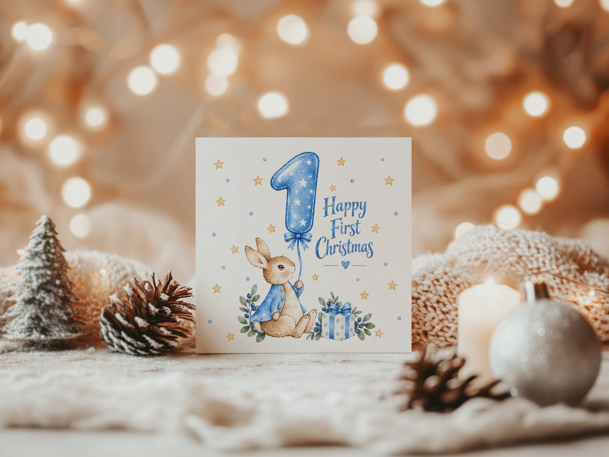 Happy Baby Boy's First Christmas Card – Blue Cute Bunny Design