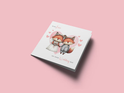 Cute Fox Wedding Card – Wedding Congratulations Card – Adorable Animal Wedding Card – Romantic Wedding Day Card for Newlywed couples, Animal Lovers, Him or Her – Pink Envelope Included