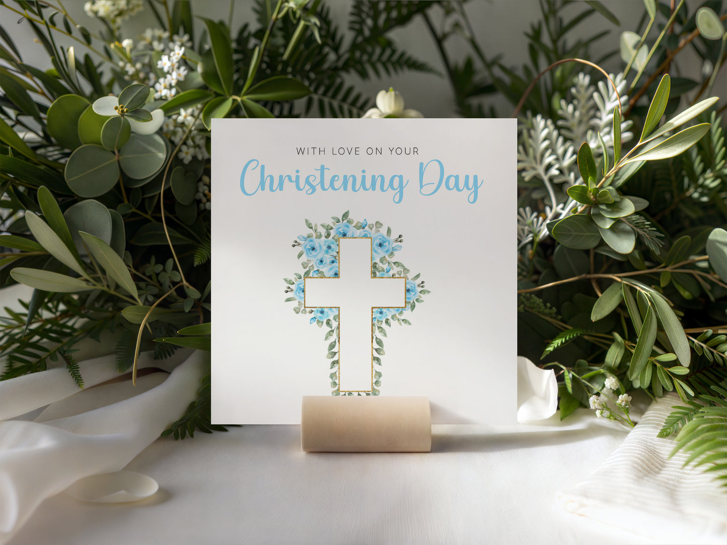 Baptism/ Christening Card for Boy – With Love On Your Christening Day - Roses & Cross Design – Religious Baptism Card for Boys, Son, Grandson, Nephew - Blue Envelope Included