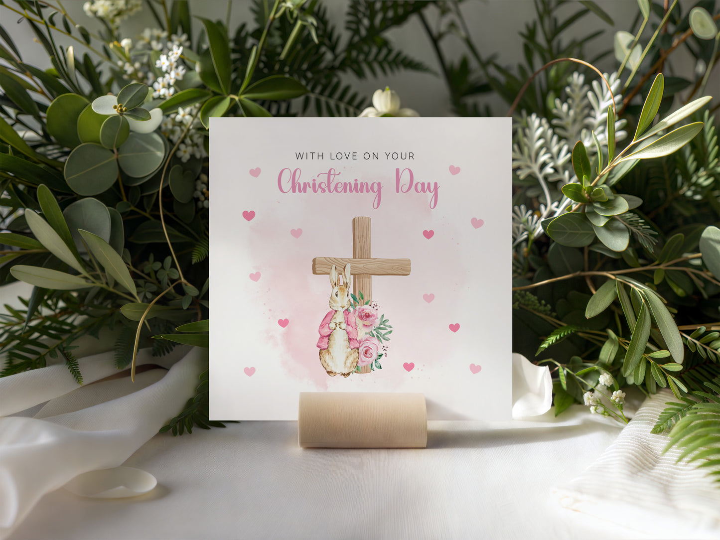 Christening Card for Girl – Bunny Cross Floral Design –With Love on Your Christening Day -  Religious Baptism Card for Girls, Daughter, Granddaughter, Niece with Pink Envelope