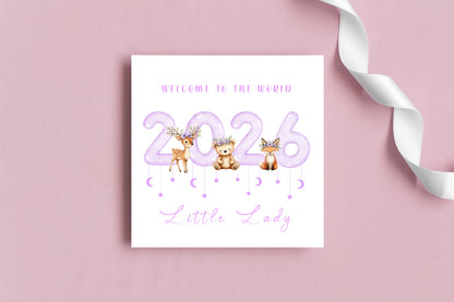 2026 New Baby Girl Card Congratulations for Newborn Daughter, Granddaughter, Niece, Welcome To The World, Baby Shower Card  - Cute Woodland Animals Design - Purple Envelope Included