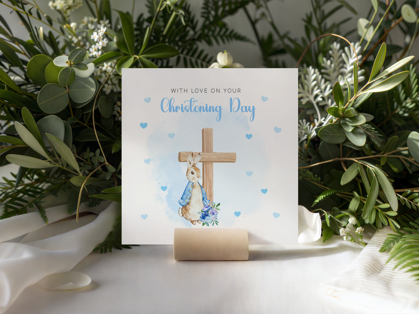 Christening Day Card for Boy – Blue Bunny Cross Design – With Love on Your Christening Day Baptism Christening Card for Boys, Son, Grandson, Nephew with Blue Envelope